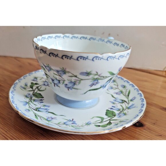 Shelley Harebell Pattern Oleander Blue & Green Henley Shaped Tea Cup and Saucer - Picture 10 of 12